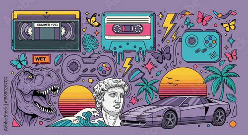 Retro 90s and 80s Nostalgia Pop Culture Illustration Collage featuring VHS Tape, Video Game Controller, Cassette, Synthwave Sunset, and T-Rex in Vaporwave Aesthetic