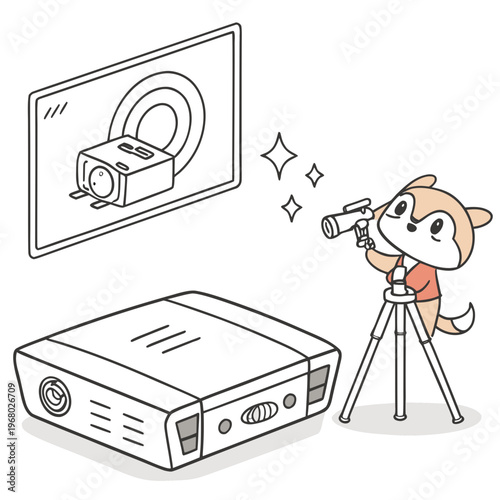 A cute fox excitedly operates a projector displaying an image of a robotic vacuum cleaner on a screen high quality