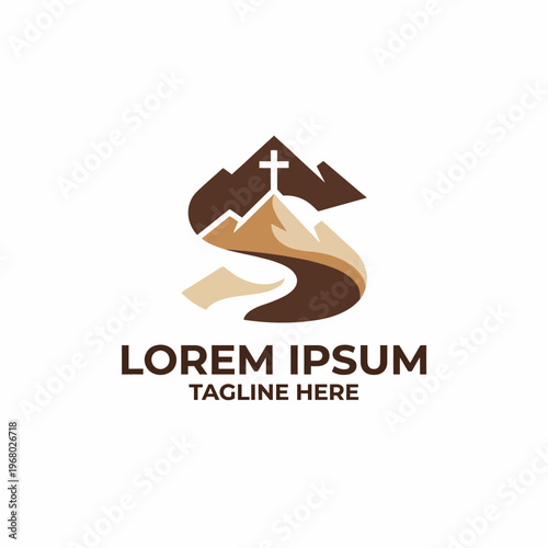 A serene logo featuring mountains and a cross, symbolizing faith and spirituality, perfect for religious organizations or outdoor retreats seeking a calm design.