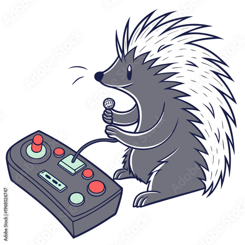 A charming cartoon hedgehog enthusiastically holds a microphone while operating a retro gaming console with colorful controls high quality professional