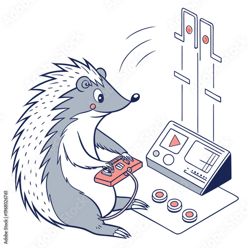 A whimsical illustration depicts a gray hedgehog passionately playing a digital music mixer with floating musical notes high quality professional