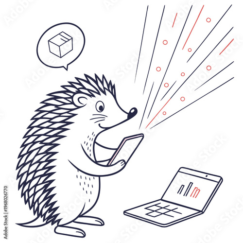 A charming illustration depicts a hedgehog intently using a laptop with a thought bubble showing a cube radiating lines