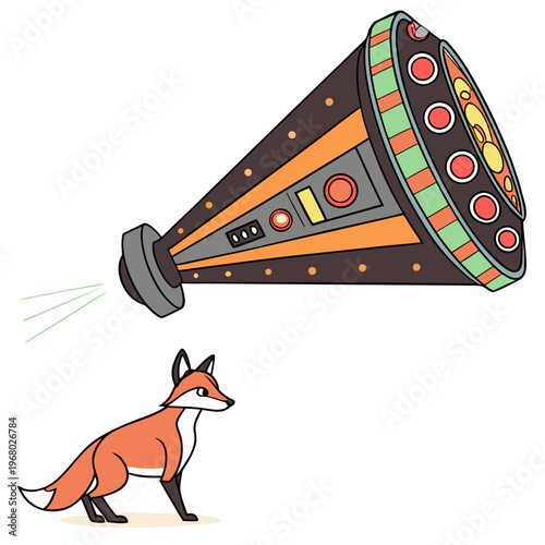 A retro styled spaceship with a conical shape hovers above a curious fox observing its descent high quality professional detailed