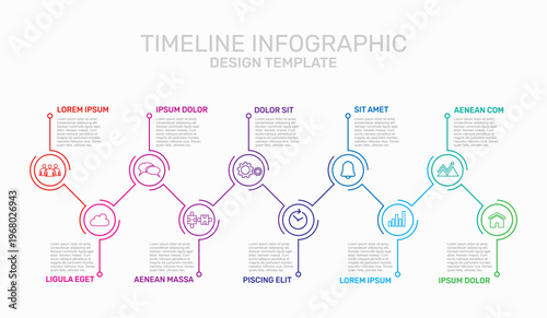 Colorful zigzag timeline infographic template with circular icons, thin lines, and placeholder text on white background. Vector illustration.