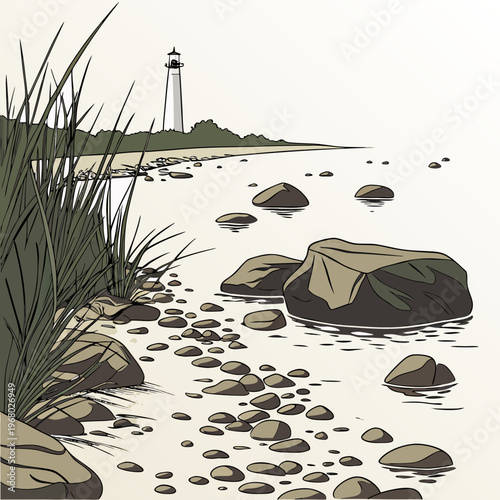 Schilderij op canvas A serene illustration depicts a coastal landscape with a white lighthouse rocky