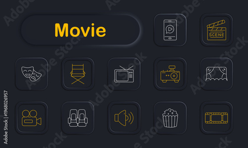 Movie set icon. Smartphone video, clapperboard, theater masks, director chair, television, projector, stage curtains, camera, seats, speaker, popcorn, film strip icons in outline neon style.