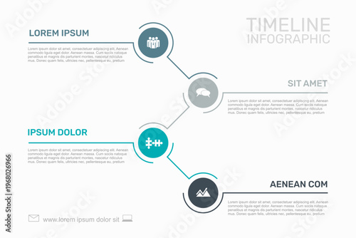 Colorful zigzag timeline infographic template with circular icons, thin lines, and placeholder text on white background. Vector illustration.