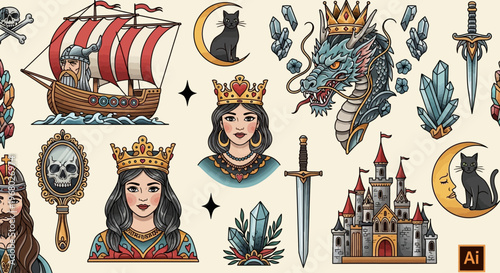 Traditional Tattoo Flash Sheet with Fantasy Icons: Dragon, Queen, Viking Ship, Castle, and Magic Symbols - Vector Illustration