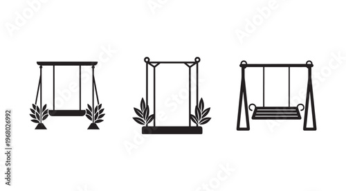 Three different swing sets with plants on white background  outdoor playground equipment  recreational park furniture