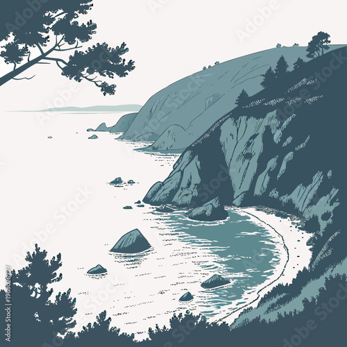 A serene coastal landscape depicts a tranquil ocean view with rocky shores lush hills and silhouetted trees high quality professional