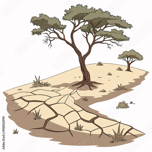 A stylized illustration depicts a lone tree and smaller shrubbery on cracked arid land symbolizing drought and environmental stress