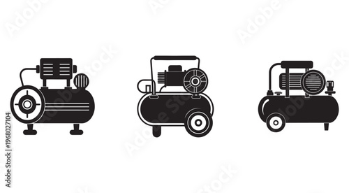 Three different types of air compressors with various designs and components for industrial and commercial use