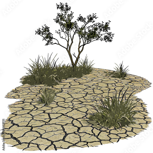 A digital illustration depicts a parched cracked earth landscape with sparse vegetation including a small tree and clumps of grass
