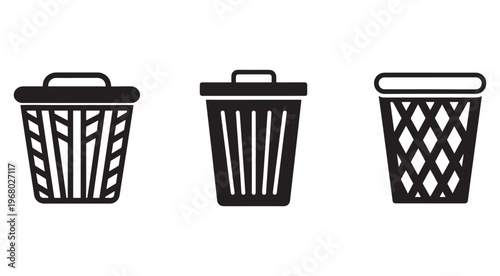 Three different trash can icons with various designs and patterns  isolated on white background