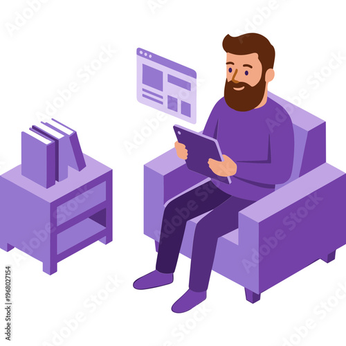 Man sits on sofa reading tablet with books beside him online