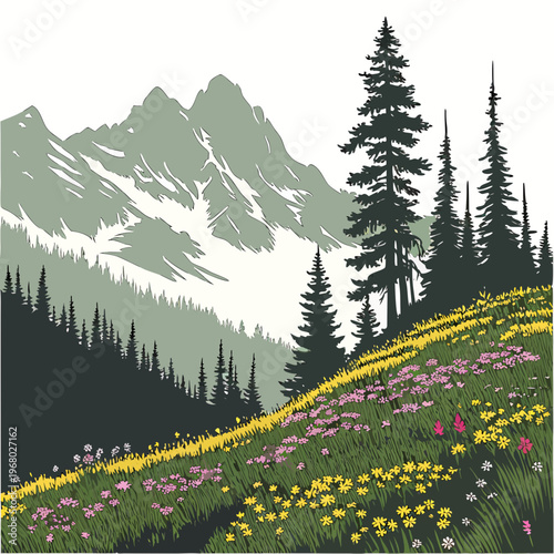 A vibrant stylized landscape depicts a mountainous backdrop lush evergreen trees and a colorful wildflower meadow in the foreground