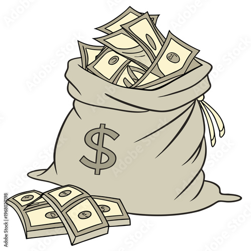 A simple cartoon illustration depicts a bulging bag overflowing with money and several bills scattered on the ground high quality