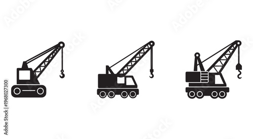 Three different types of cranes with hooks isolated on white background for construction and industrial use