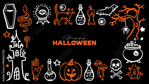 Halloween magic doodle frame. Occult symbols, potion tools, creatures. Party invitation, poster, kids decor, sticker pack. Hand drawn crayon vector isolated illustration.