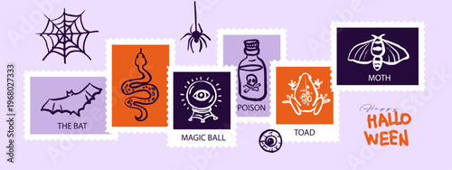 Halloween magic doodle postage stamps background. Occult symbols, potion tools, creatures. Party invitation, poster, kids decor, sticker pack. Hand drawn crayon vector illustration.