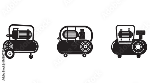 Three different views of air compressors with various designs and wheel configurations for industrial and commercial use  industrial equipment