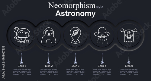 Astronomy set icon. Neomorphic circular interface line icons with astronaut character, space suit figure, planet location marker, flying saucer beam, alien creature head