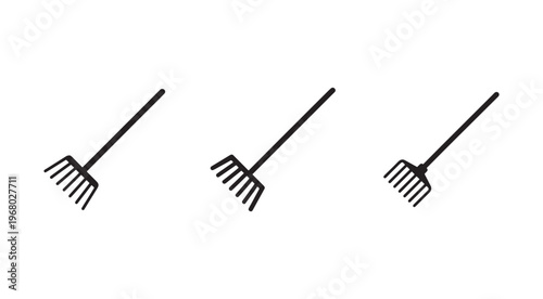 Three garden rakes with long handles and multiple prongs for collecting leaves and debris in yard or garden  gardening tools