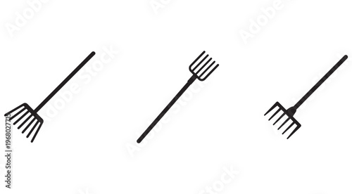 Three gardening rakes with long handles and multiple tines for yard work and landscaping tasks  various angles