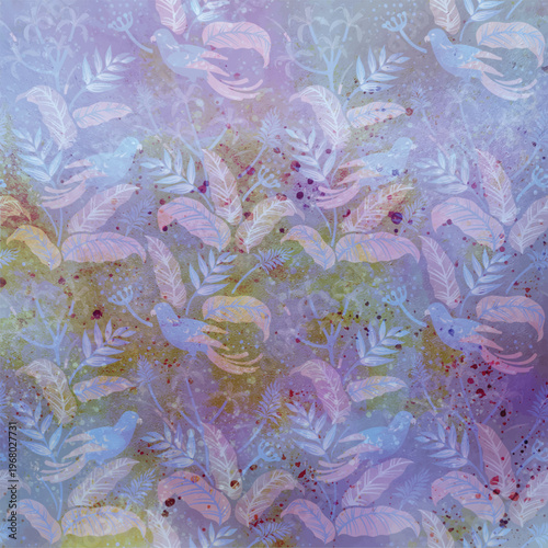 Whimsical Pastel Botanical Pattern with Birds