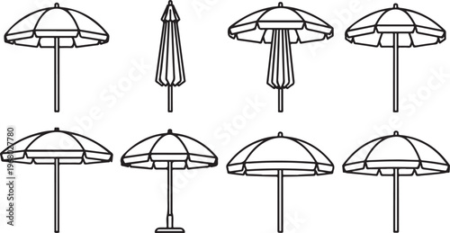 Various umbrella designs showcasing different styles and structural details Vector