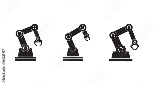 Three industrial robotic arms with different end effectors on white background  industrial automation and manufacturing concept