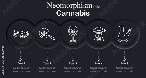 Cannabis set icon. Neomorphic dark interface circles with line symbols of high time lettering leaves, magnifier cannabis leaf, wine glass leaf emblem, flying saucer beam leaf
