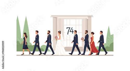 Wedding Party Walking Together in Formal Attire.