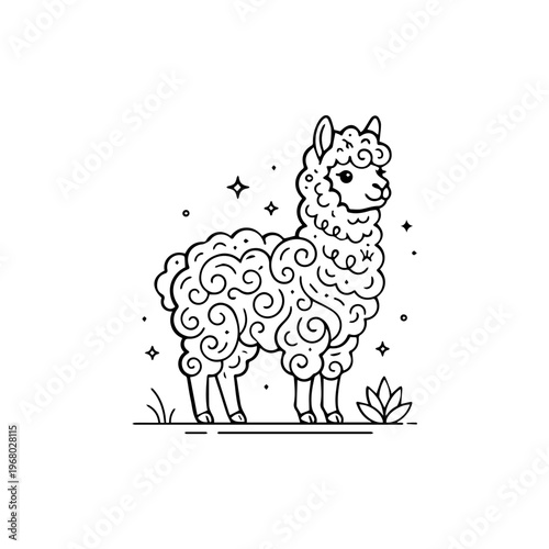 Whimsical Llama Illustration with Swirly Patterns.