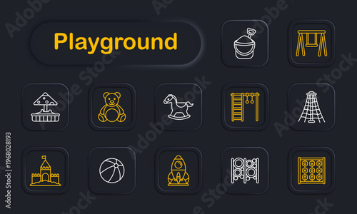 Playground activity set icon. Dark style icons display sandbox, swing set, carousel, teddy bear, rocking horse, climbing frame, rope tower, castle sand, ball toy, rocket toy, play structure