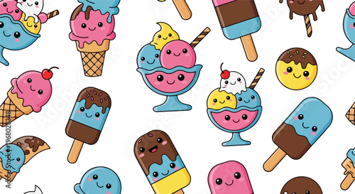 Kawaii ice cream seamless pattern vector, cute dessert characters with smiling faces, colorful summer sweets background for fabric and wallpaper