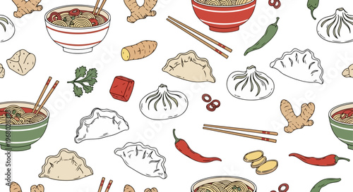 Hand drawn Asian food seamless pattern, Chinese dumplings and ramen noodle soup vector background, traditional dim sum and ginger wallpaper