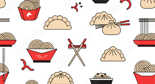 Asian food seamless pattern with noodles and dumplings, minimalist chinese cuisine vector background, red and white japanese ramen and gyoza wallpaper