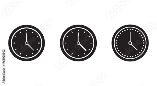 Three simple analog clock faces with different hour and minute hand positions on white background  clocks with hour and minute hands  time icons