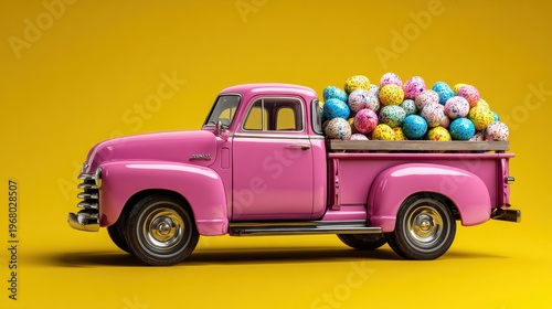 Pink truck carries colorful eggs during spring festival
