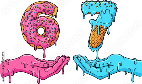 Surreal cartoon numbers 6 and 7 as melting sweets, pink donut and blue ice cream cone dripping into hands, creative food typography vector