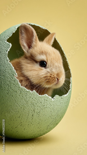 Cute rabbit hatches from green egg on yellow background in springtime setting