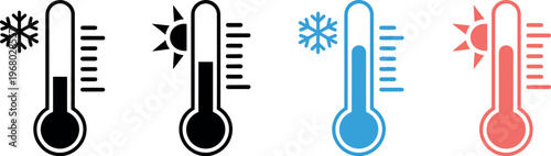 Vector illustration of hot and cold thermometers representing temperature measurement, climate, weather, and scientific instruments in clean icon style