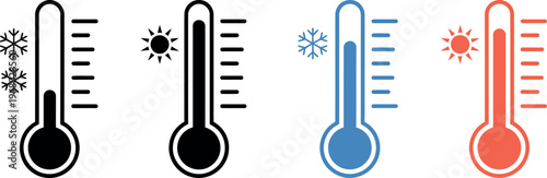 Vector illustration of hot and cold thermometers representing temperature measurement, climate, weather, and scientific instruments in clean icon style