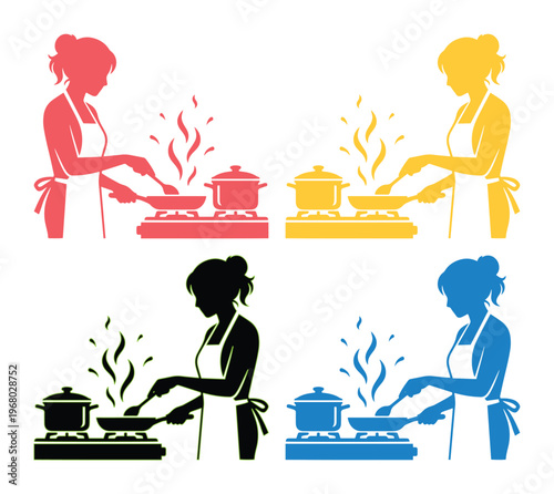 Minimalist woman cooking silhouette vector set, female chef preparing food on stove, colorful kitchen icons for culinary blog and restaurant branding