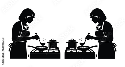Black silhouette of woman cooking at stove, female chef in apron preparing food with ladle and pan, kitchen culinary vector illustration