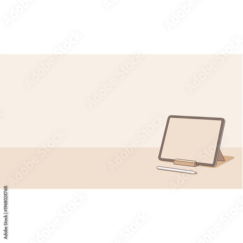 An illustration of a blank standing tablet with a stylus on a flat surface.