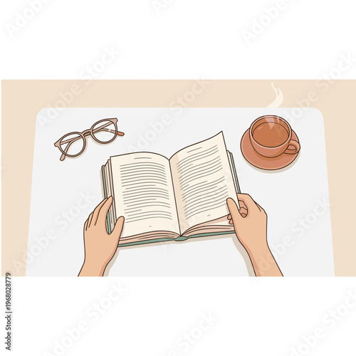 Person reading book with coffee and glasses on table indoors