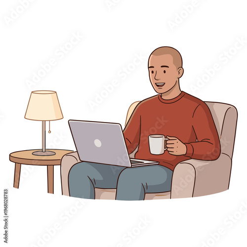 Man sitting on chair with laptop and coffee