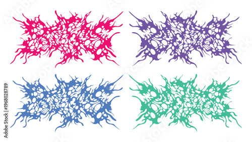 Death metal logo set in y2k aesthetic, brutal slam metal graphics in pink and purple, 4 abstract organic splatter shapes for streetwear design